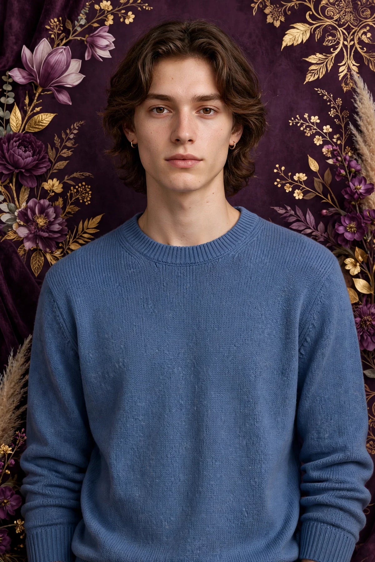 Person wearing Blue Cotton Knit Crewneck Sweater