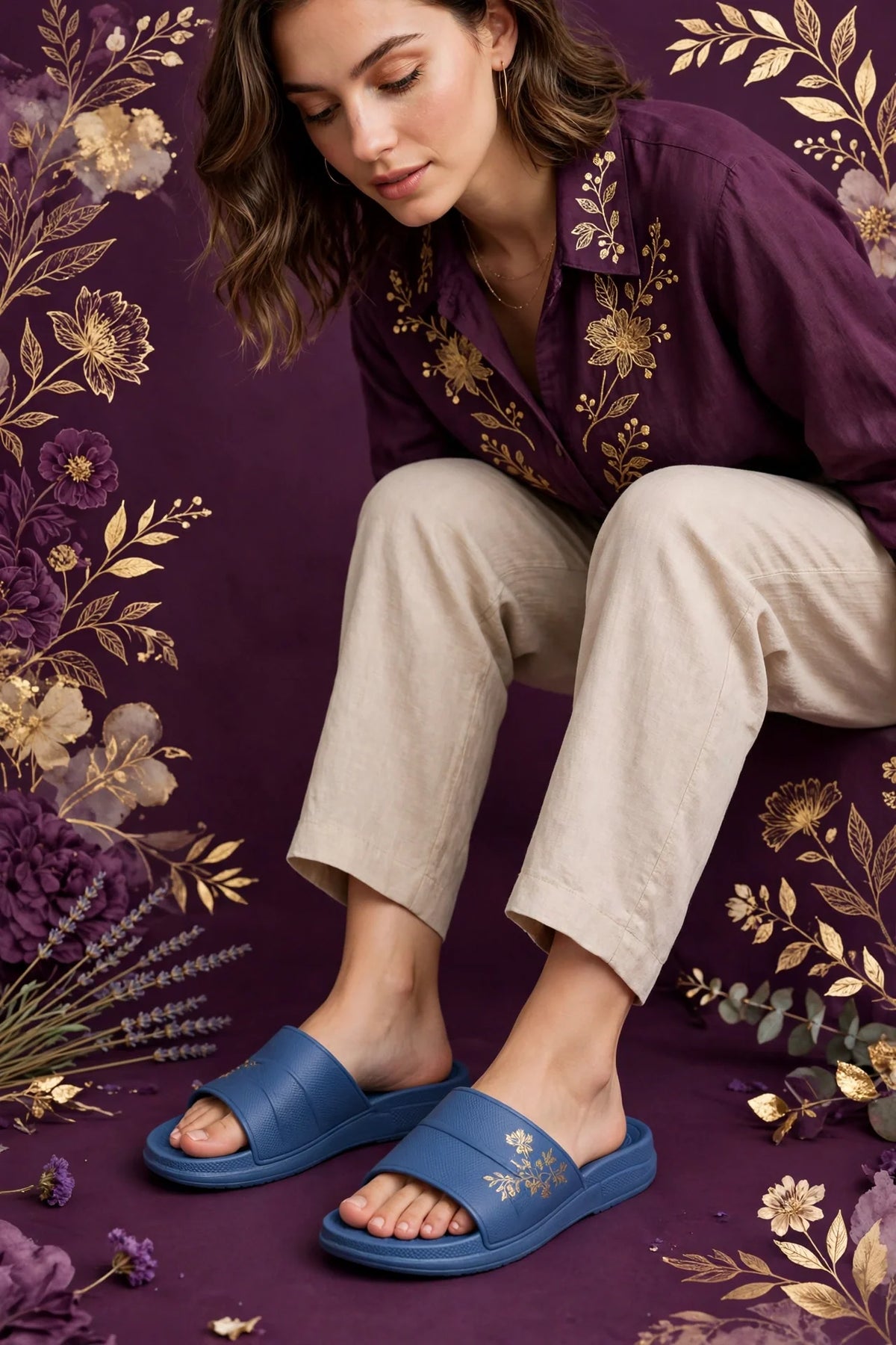 Woman wearing Blue Women's Casual Slide Sandals