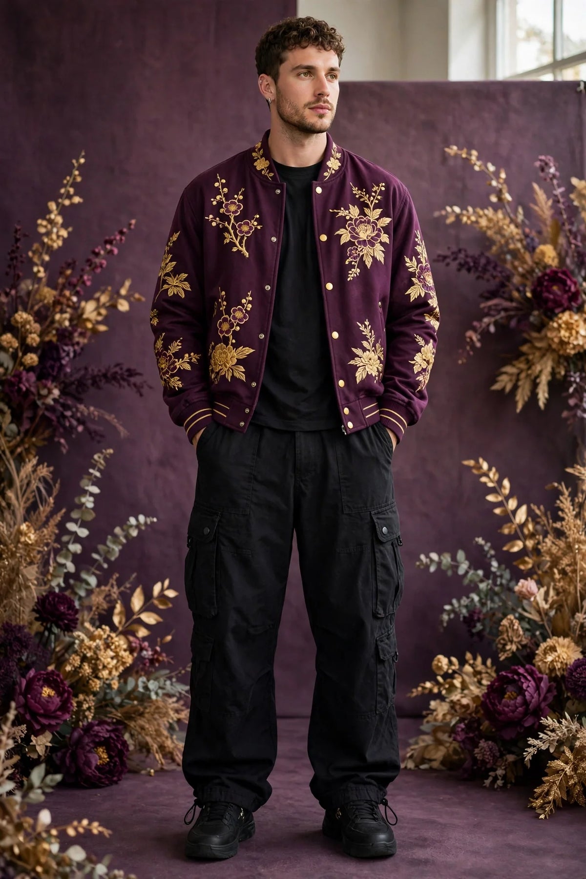 Man wearing Black Men's Baggy Cargo Pants