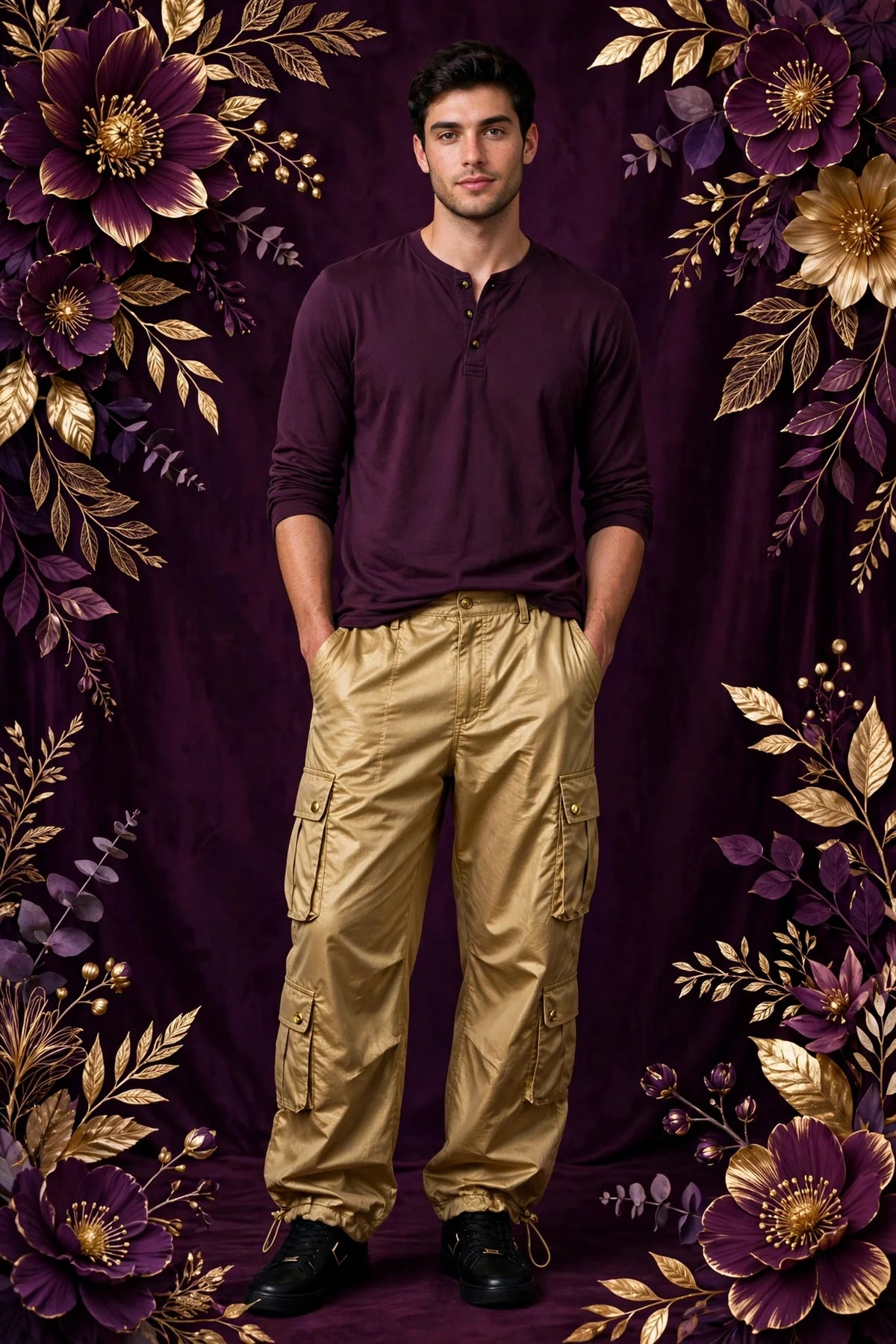 Man wearing Gold Men's Baggy Cargo Pants