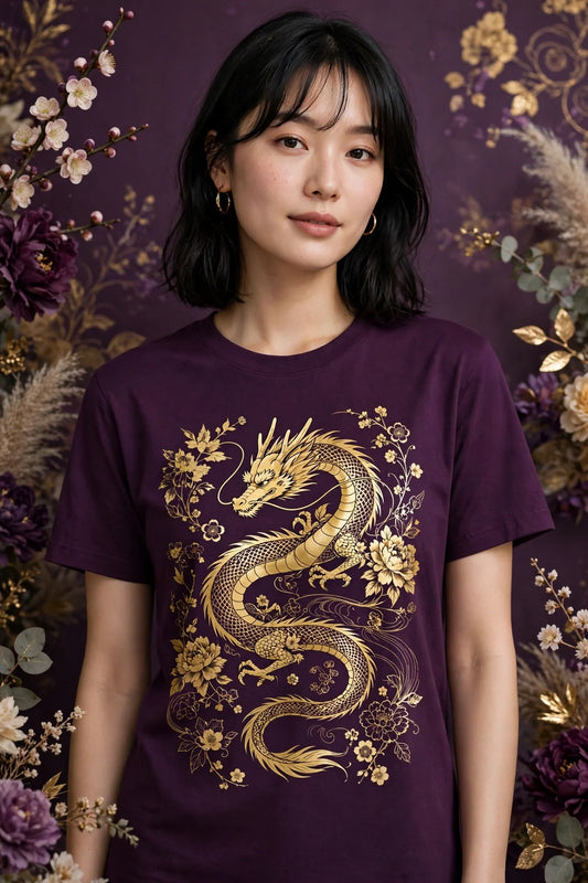 Person wearing Purple Anime Purple Gold Dragon T-Shirt