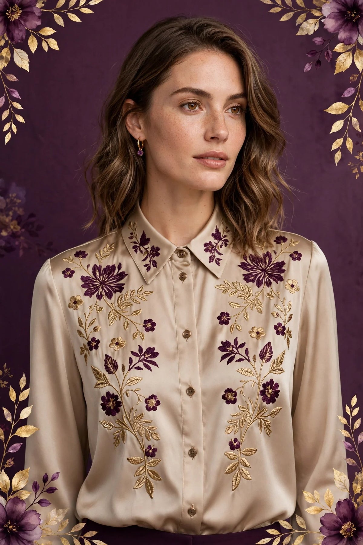 Person wearing Beige Plum Satin Blouse