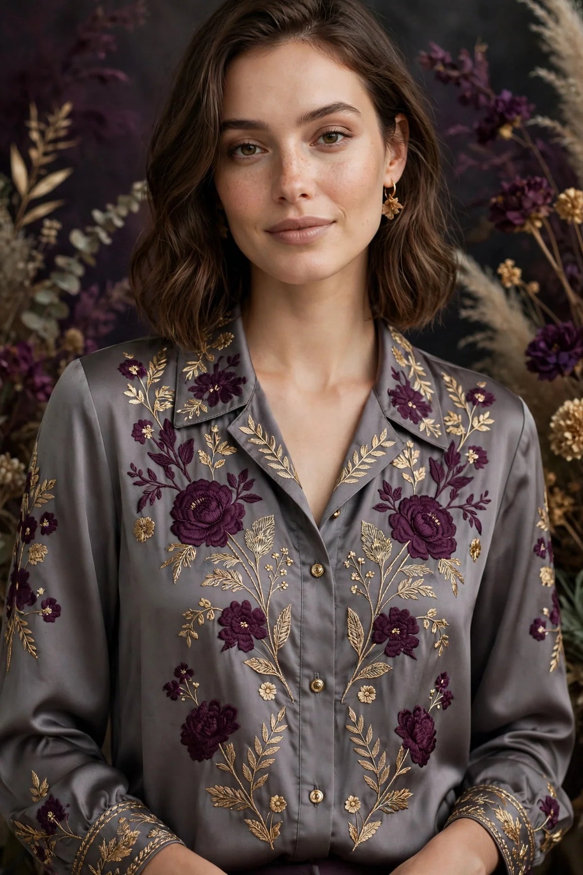 Person wearing Grey Plum Satin Blouse