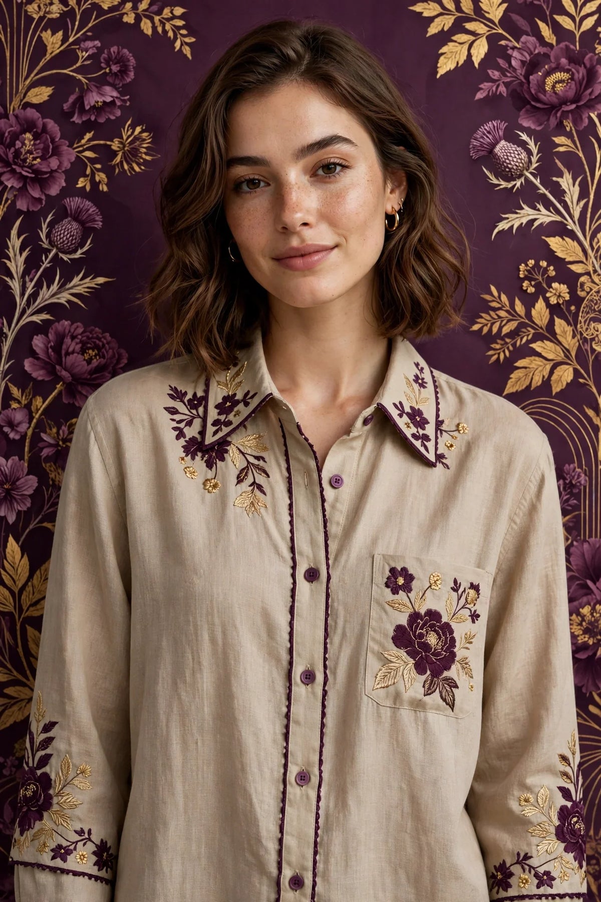 Person wearing Beige Plum Linen Shirt