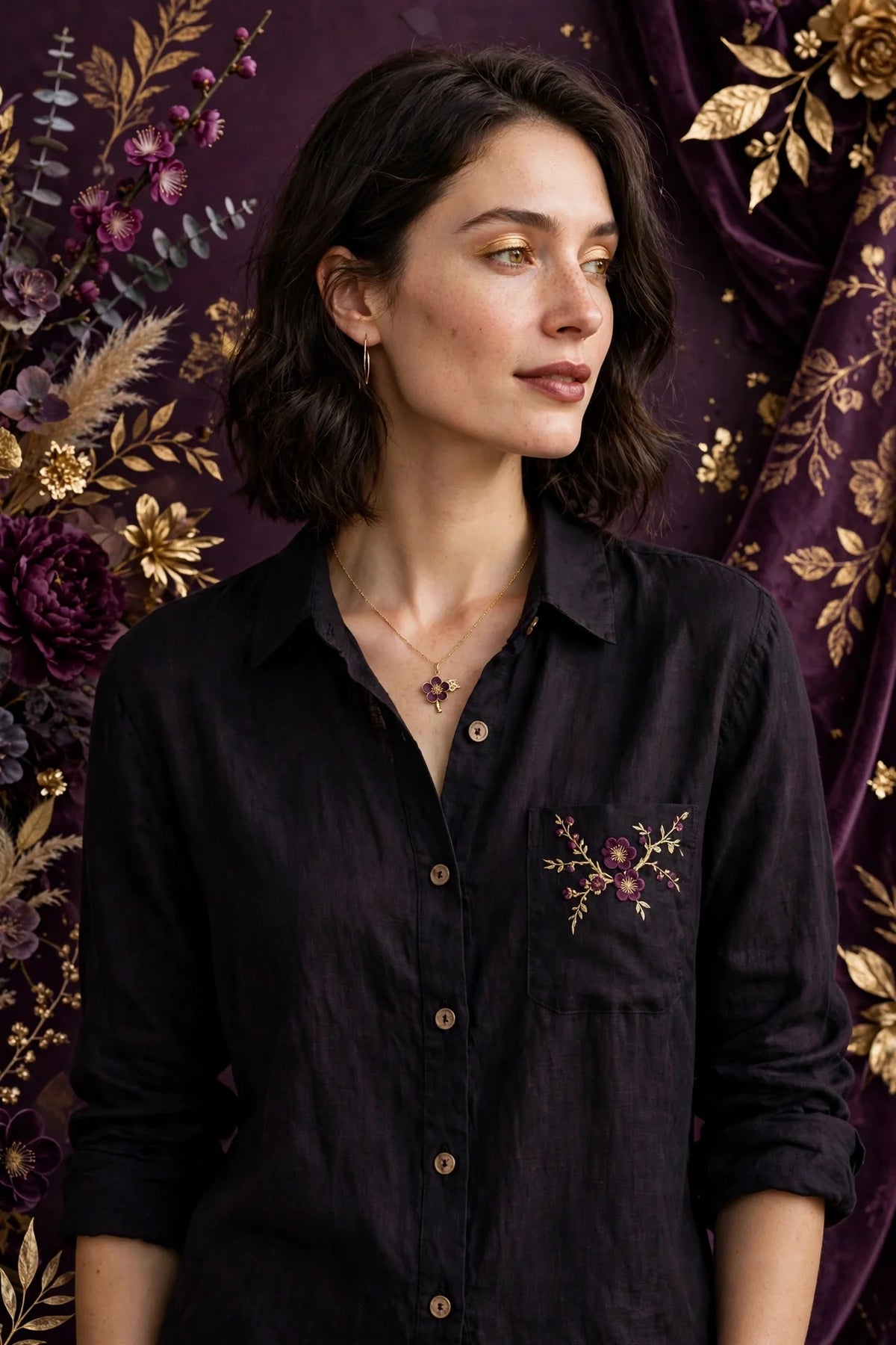 Person wearing Black Plum Linen Shirt
