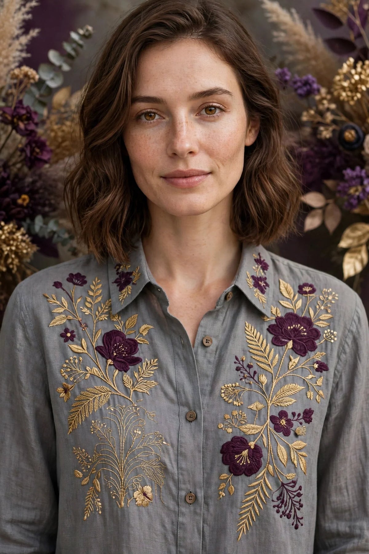 Person wearing Grey Plum Linen Shirt