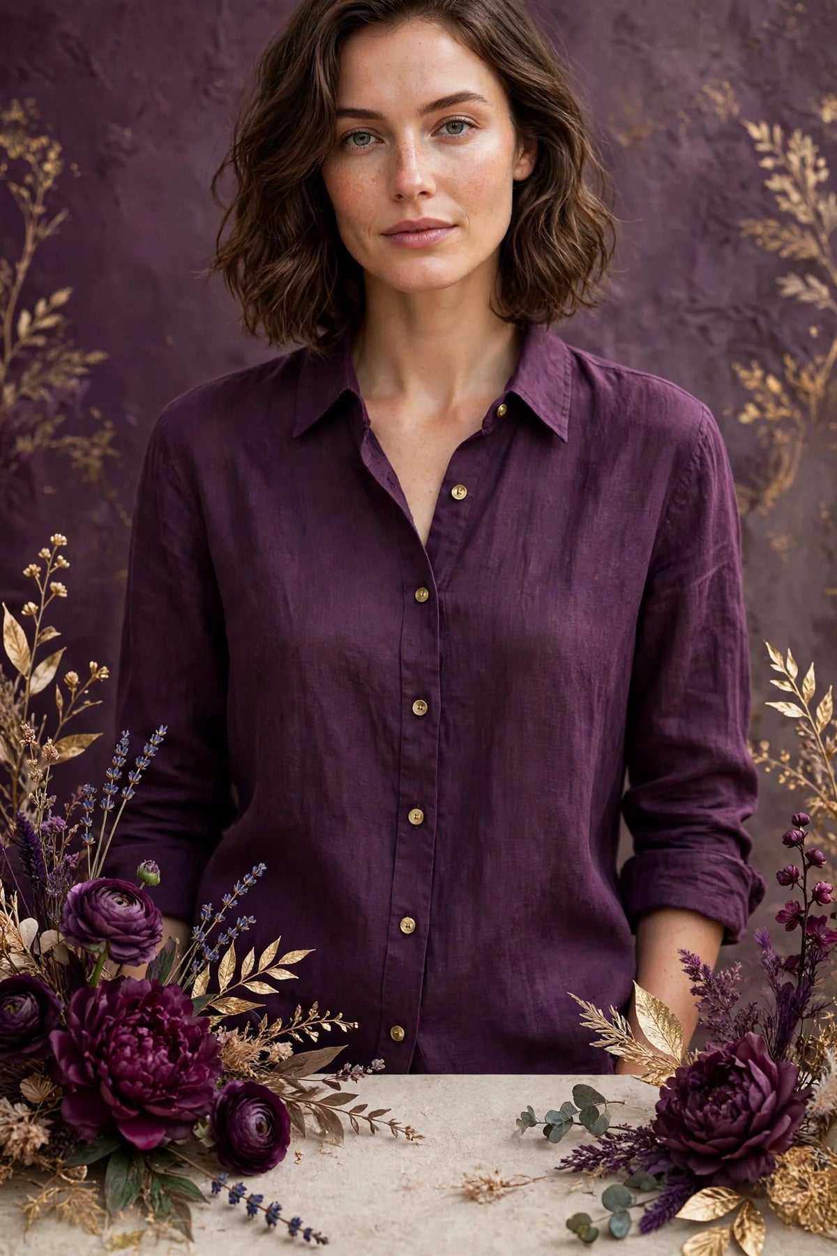 Person wearing Purple Plum Linen Shirt