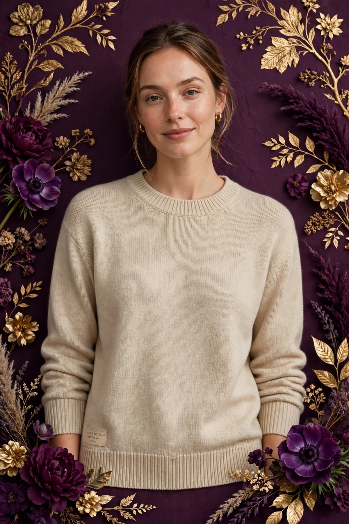 Person wearing Beige Cotton Knit Crewneck Sweater