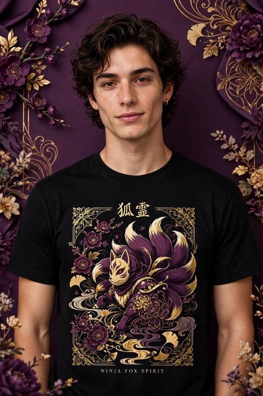 Person wearing Black Anime Ninja Fox Spirit T-Shirt