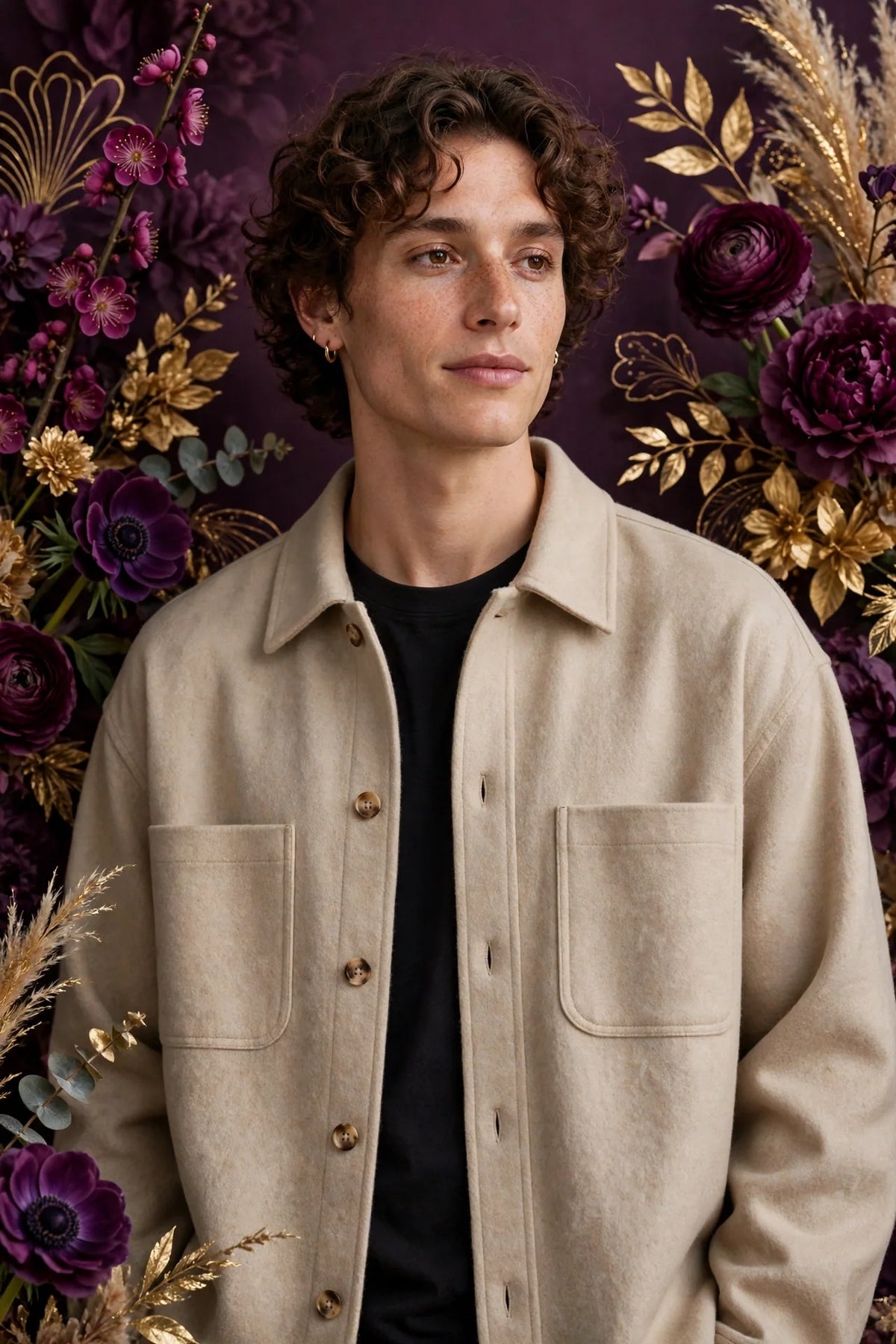 Person wearing Beige Minimalist Wool Blend Overshirt