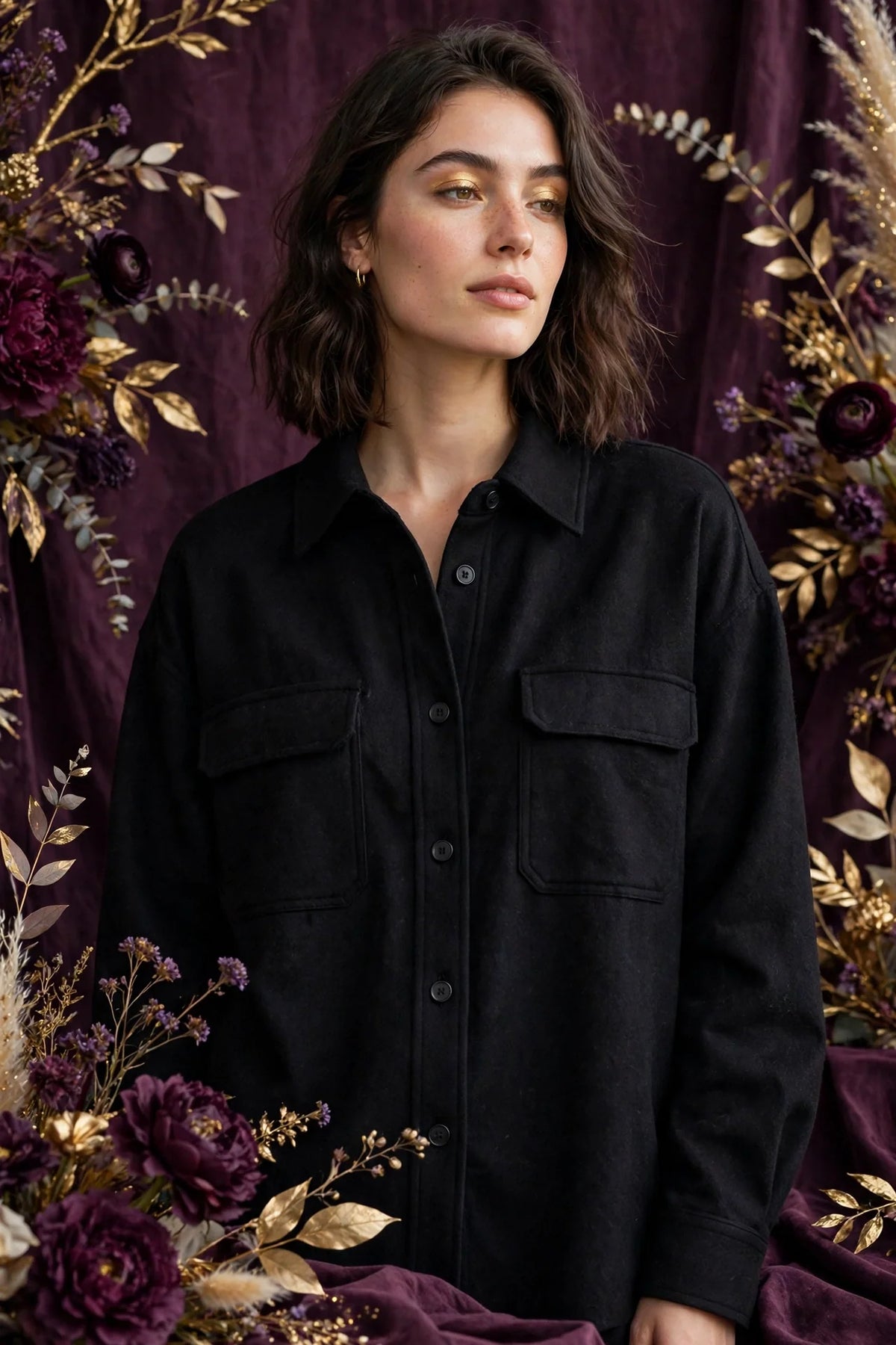 Person wearing Black Minimalist Wool Blend Overshirt