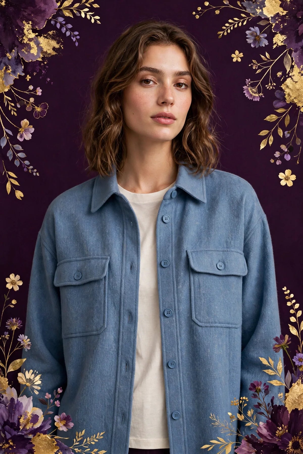 Person wearing Blue Minimalist Wool Blend Overshirt