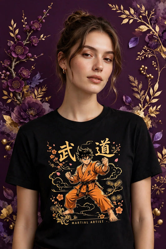 Person wearing Black Anime Orange Gi Martial Artist T-Shirt