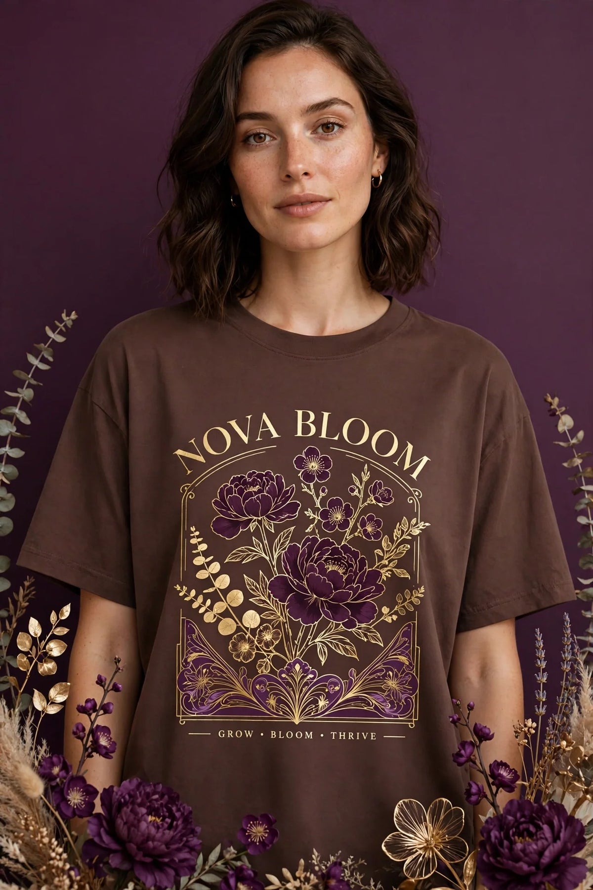 Woman wearing Brown Women's Oversized Street Graphic Tee