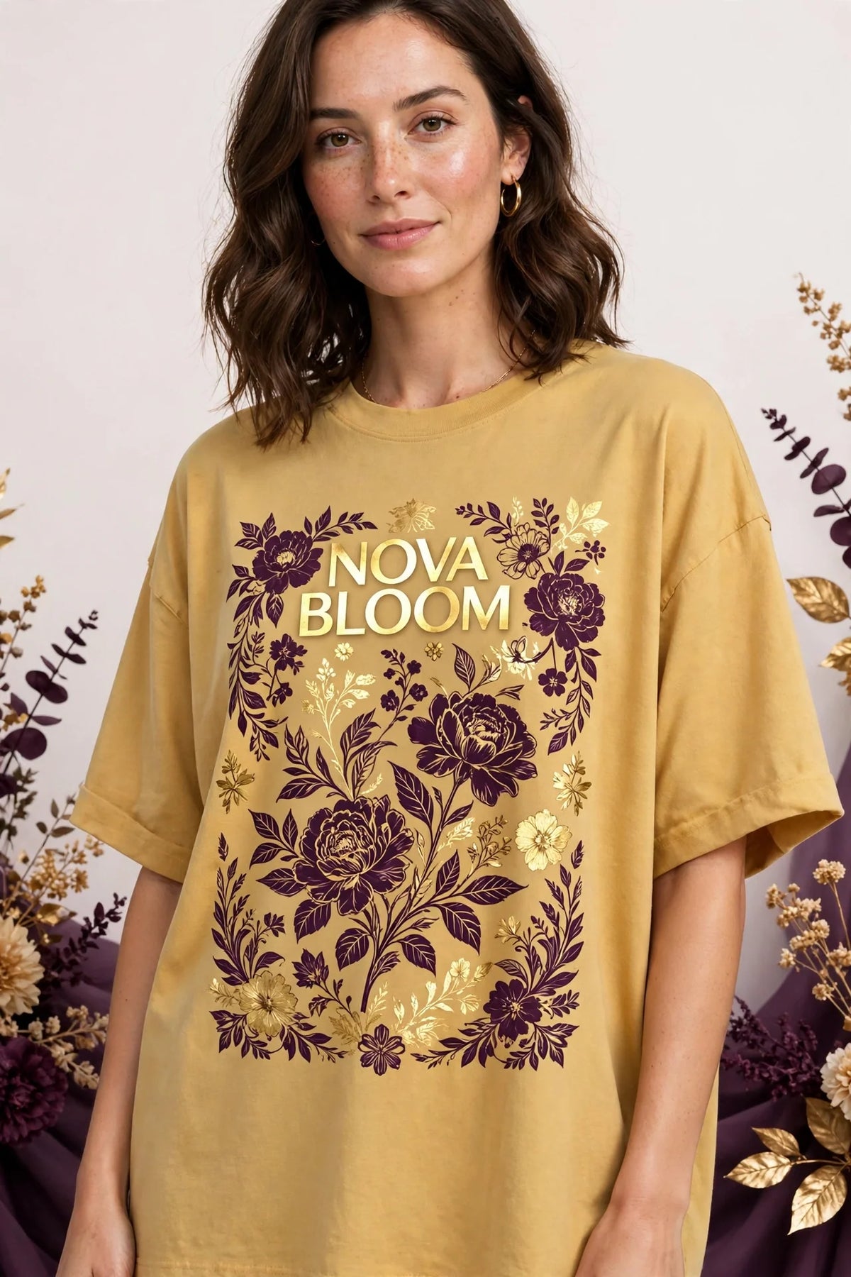 Woman wearing Gold Women's Oversized Street Graphic Tee