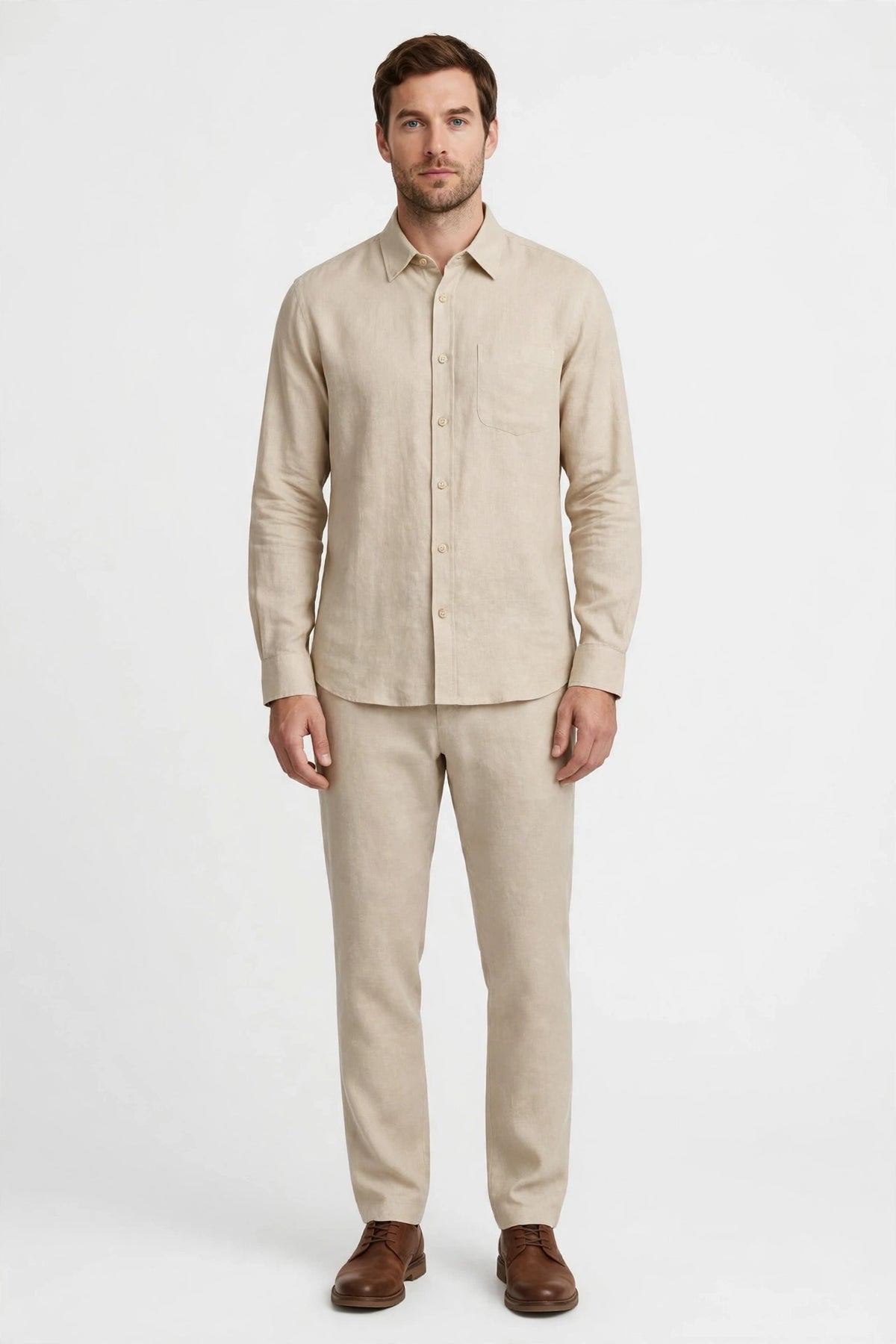 Person wearing Beige Beige Linen Shirt