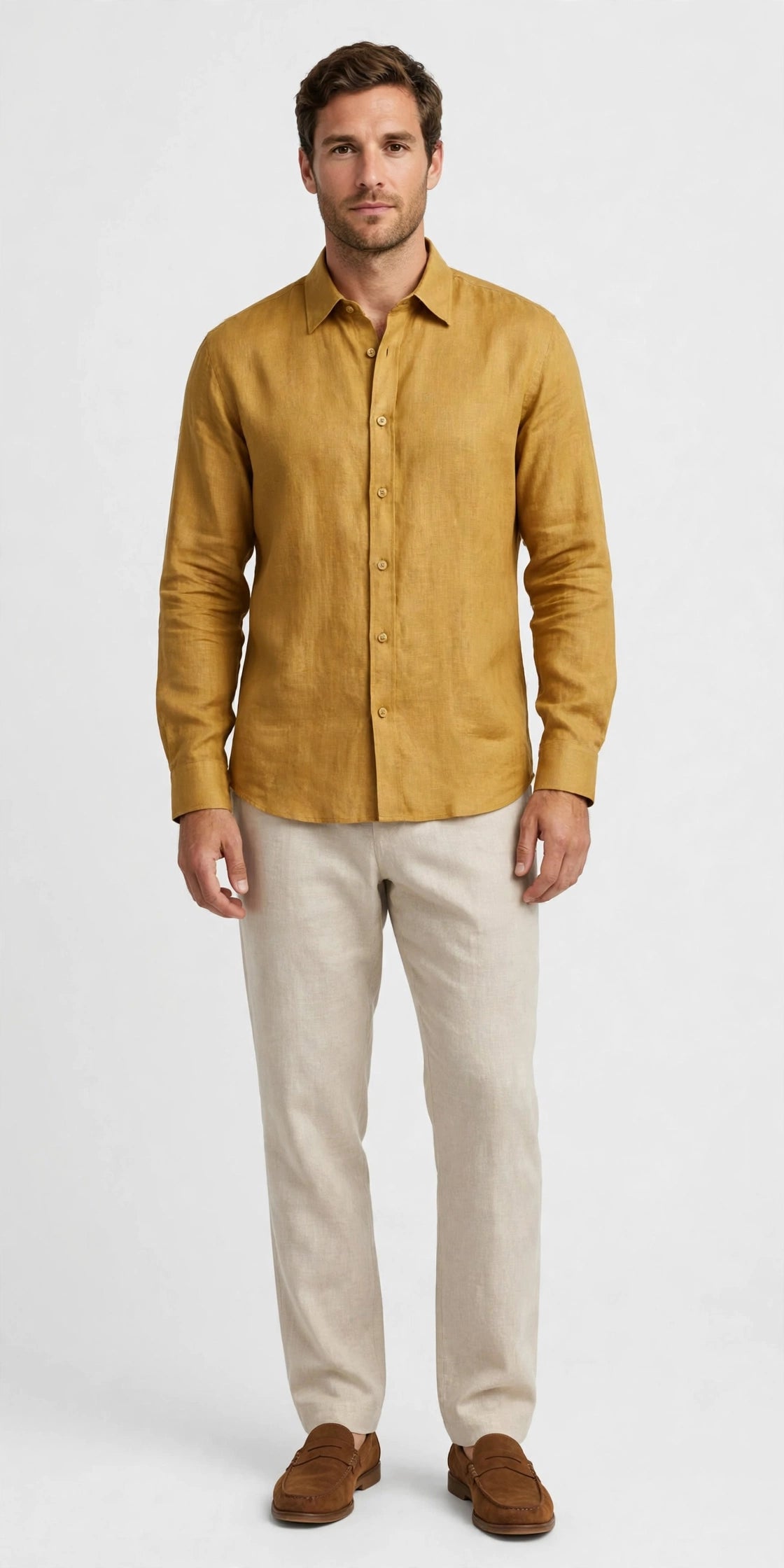 Person wearing Gold Beige Linen Shirt