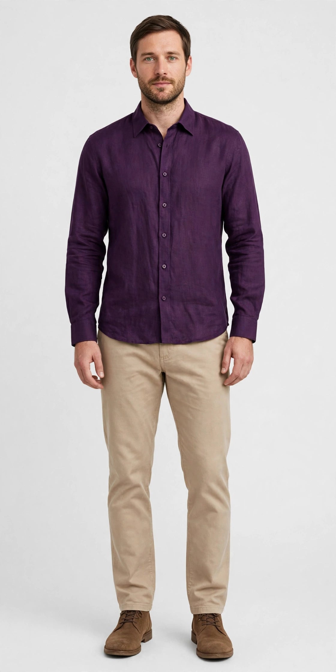 Person wearing Purple Beige Linen Shirt