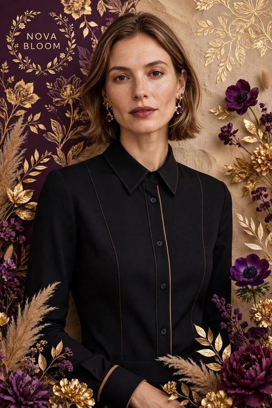 Person wearing Black Warm sand tailored blouse