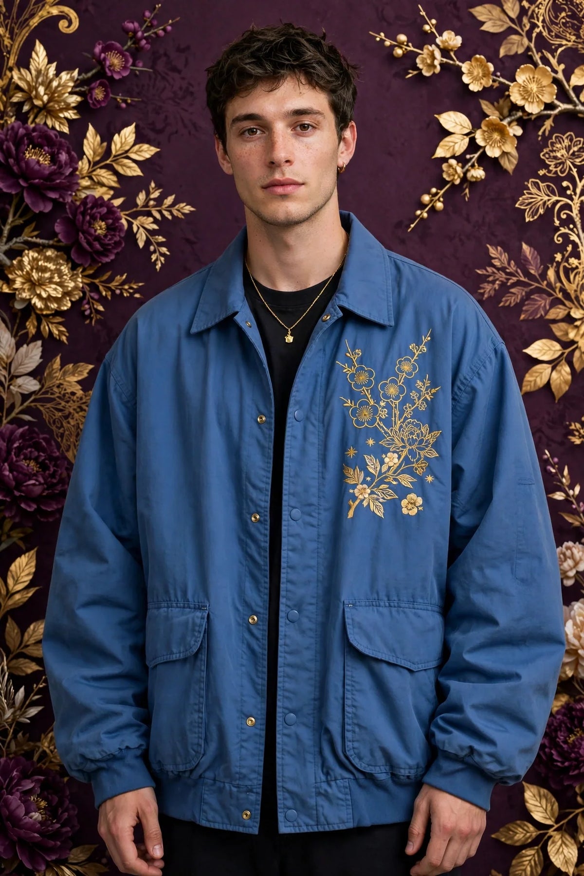 Person wearing Blue Oversized Fit Streetwear Jacket