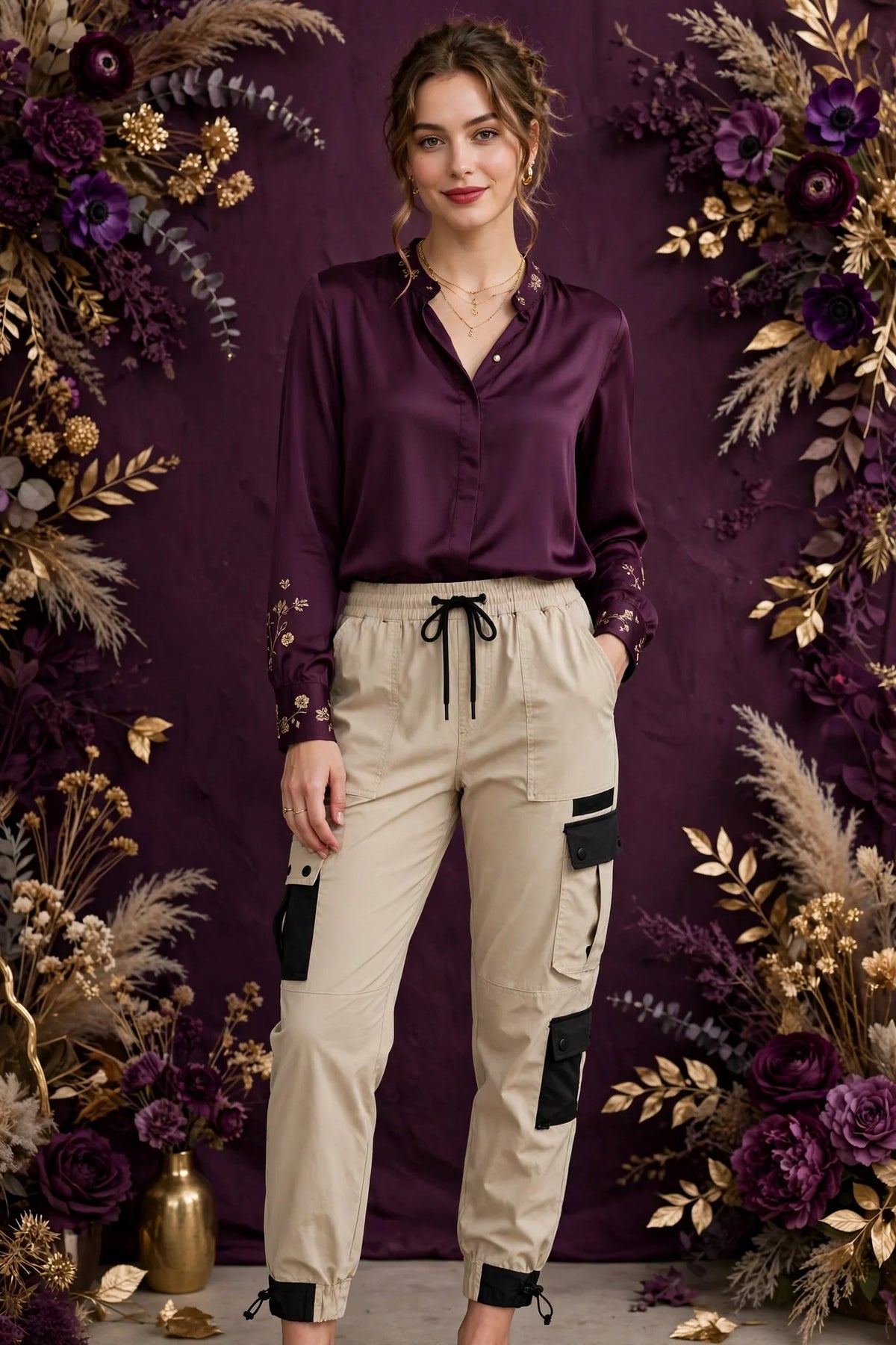 Woman wearing Beige Women's Black Cargo Joggers