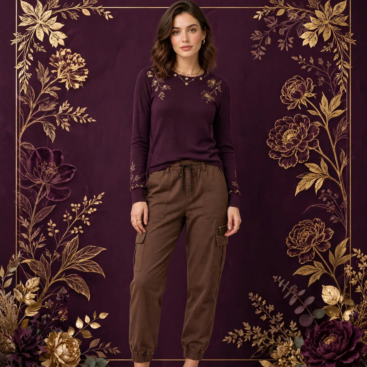 Woman wearing Brown Women's Black Cargo Joggers