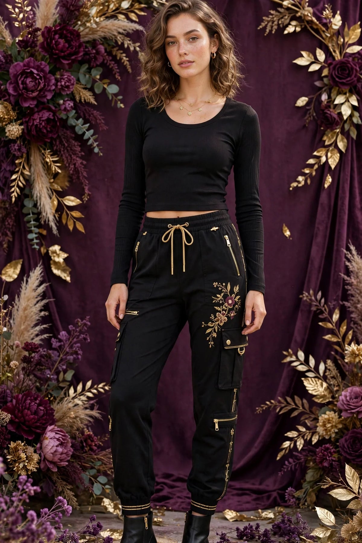 Woman wearing Gold Women's Black Cargo Joggers