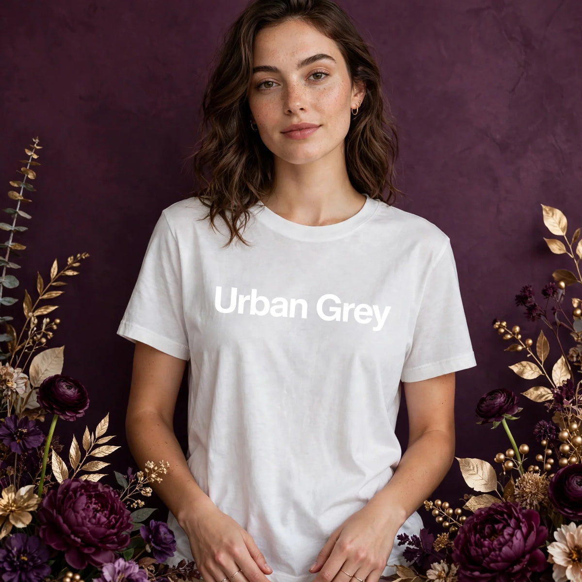 Person wearing White Paper White relaxed-fit t-shirt with Urban Grey print