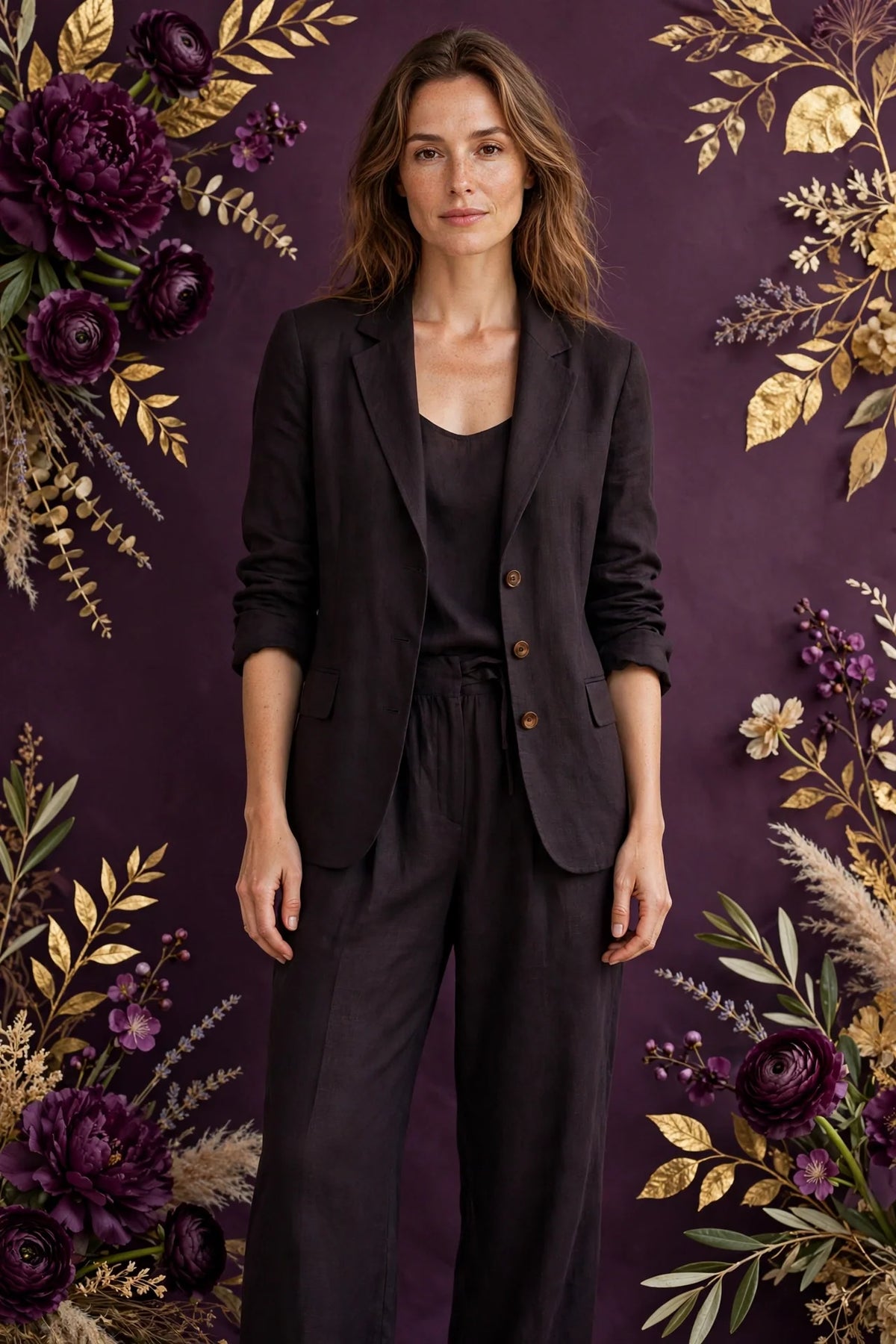 Person wearing Brown Tailored Linen Set in Midnight Brown