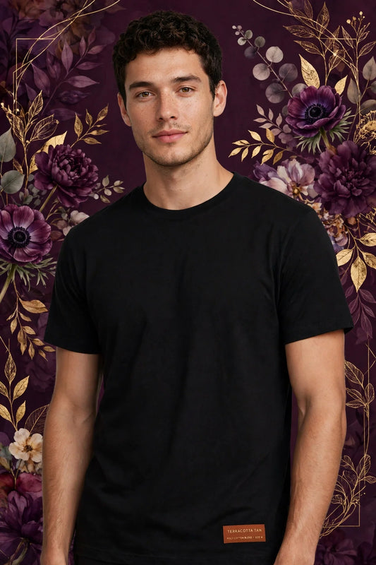 Person wearing Black Terracotta Tan Poly-Cotton Blend T-Shirt
