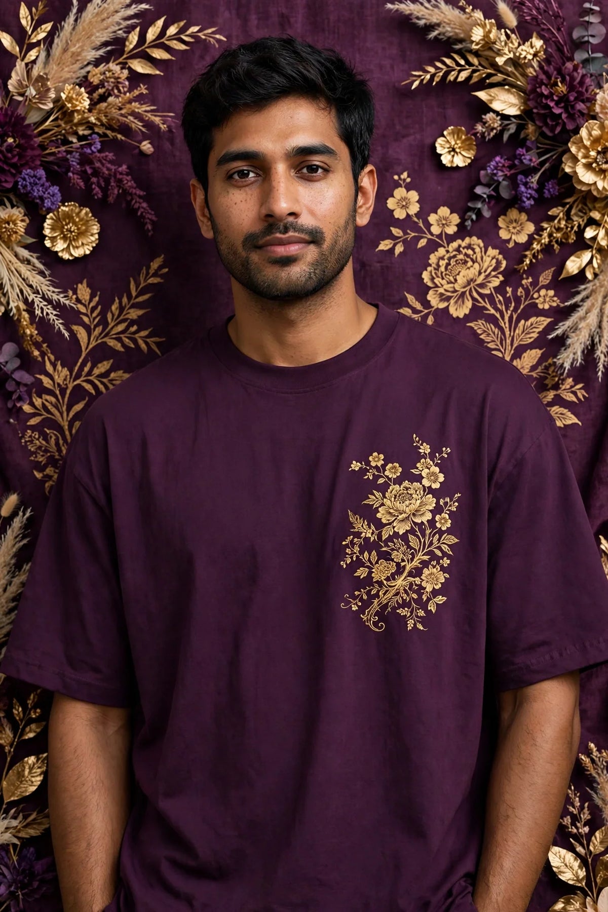 Man wearing Purple Men's Street Oversized Tee