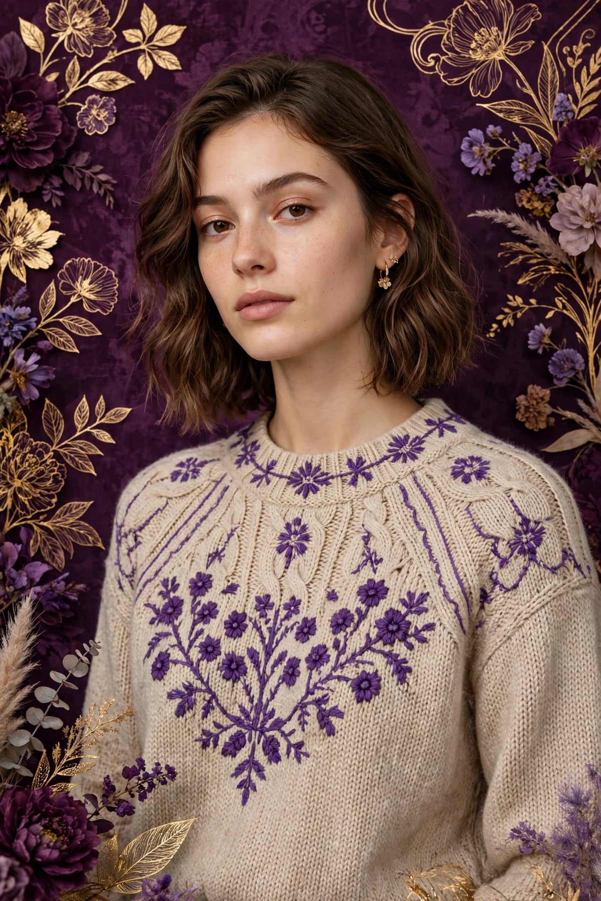 Person wearing Beige Violet Knit Sweater
