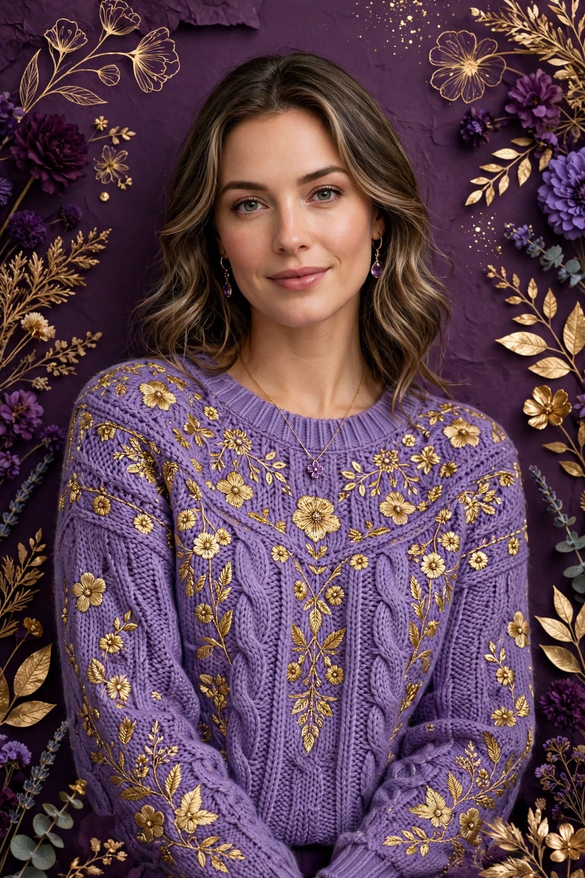Person wearing Gold Violet Knit Sweater