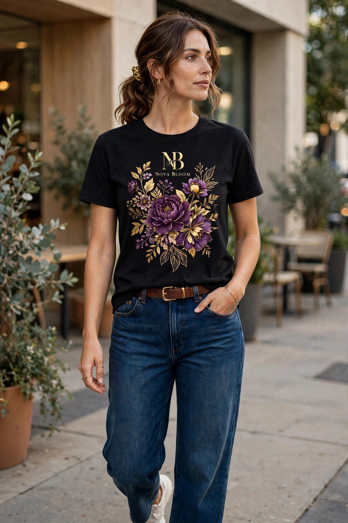 Woman wearing Black Nova Bloom Royale Floral T-Shirt with gold NB logo on top