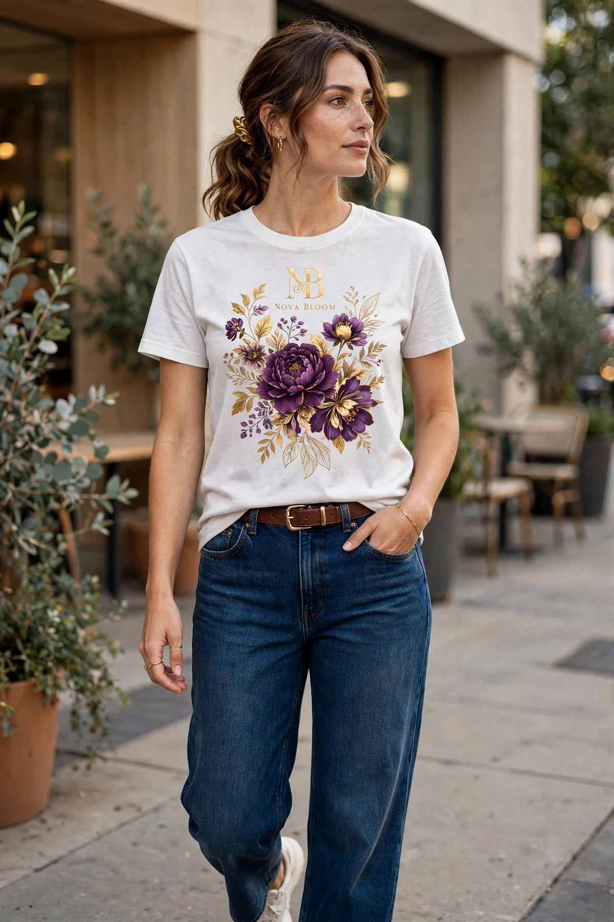 Woman wearing White Nova Bloom Royale Floral T-Shirt with gold NB logo on top