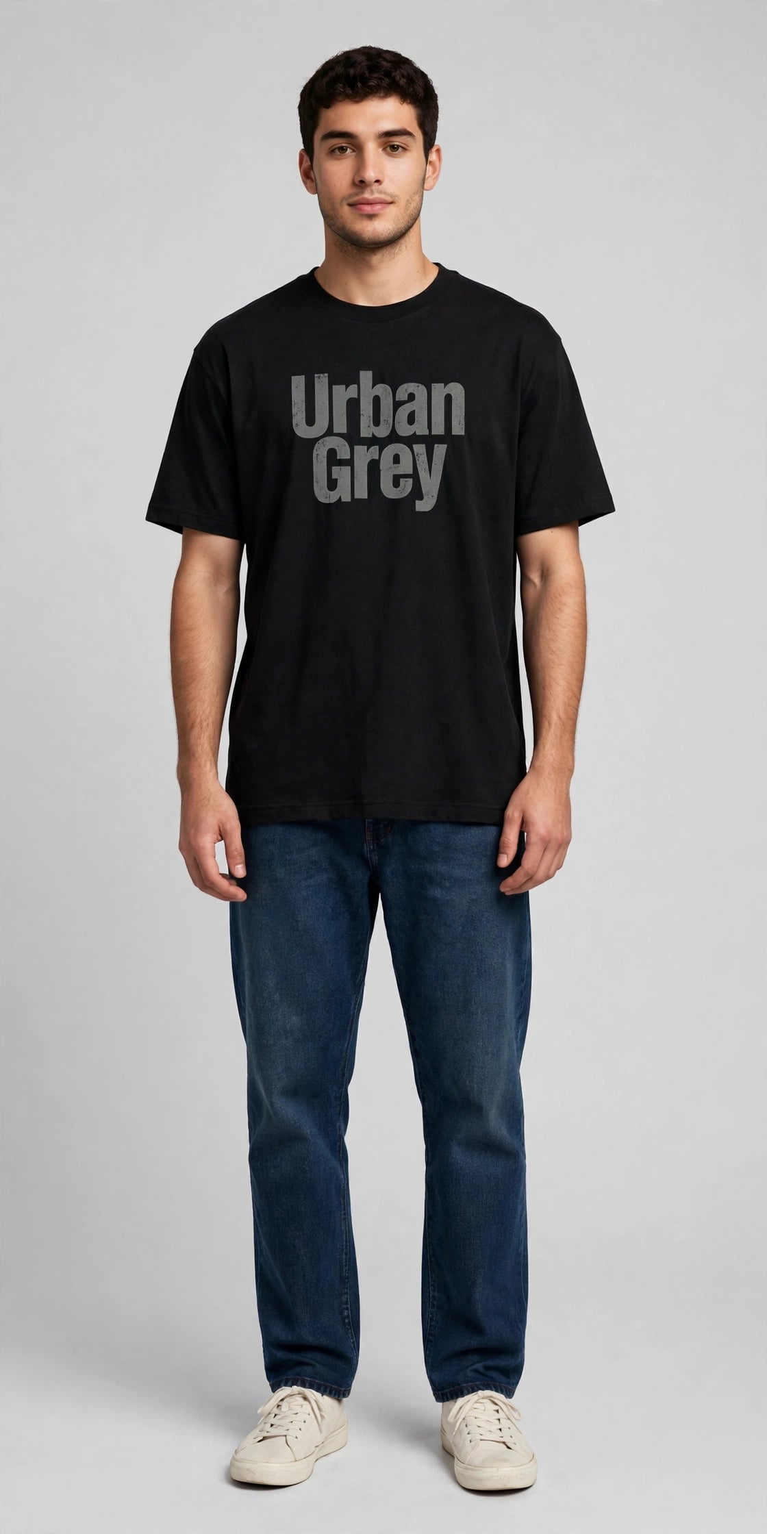 Person wearing Black Paper White relaxed-fit t-shirt with Urban Grey print
