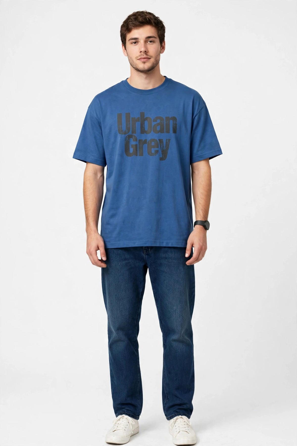 Person wearing Blue Paper White relaxed-fit t-shirt with Urban Grey print