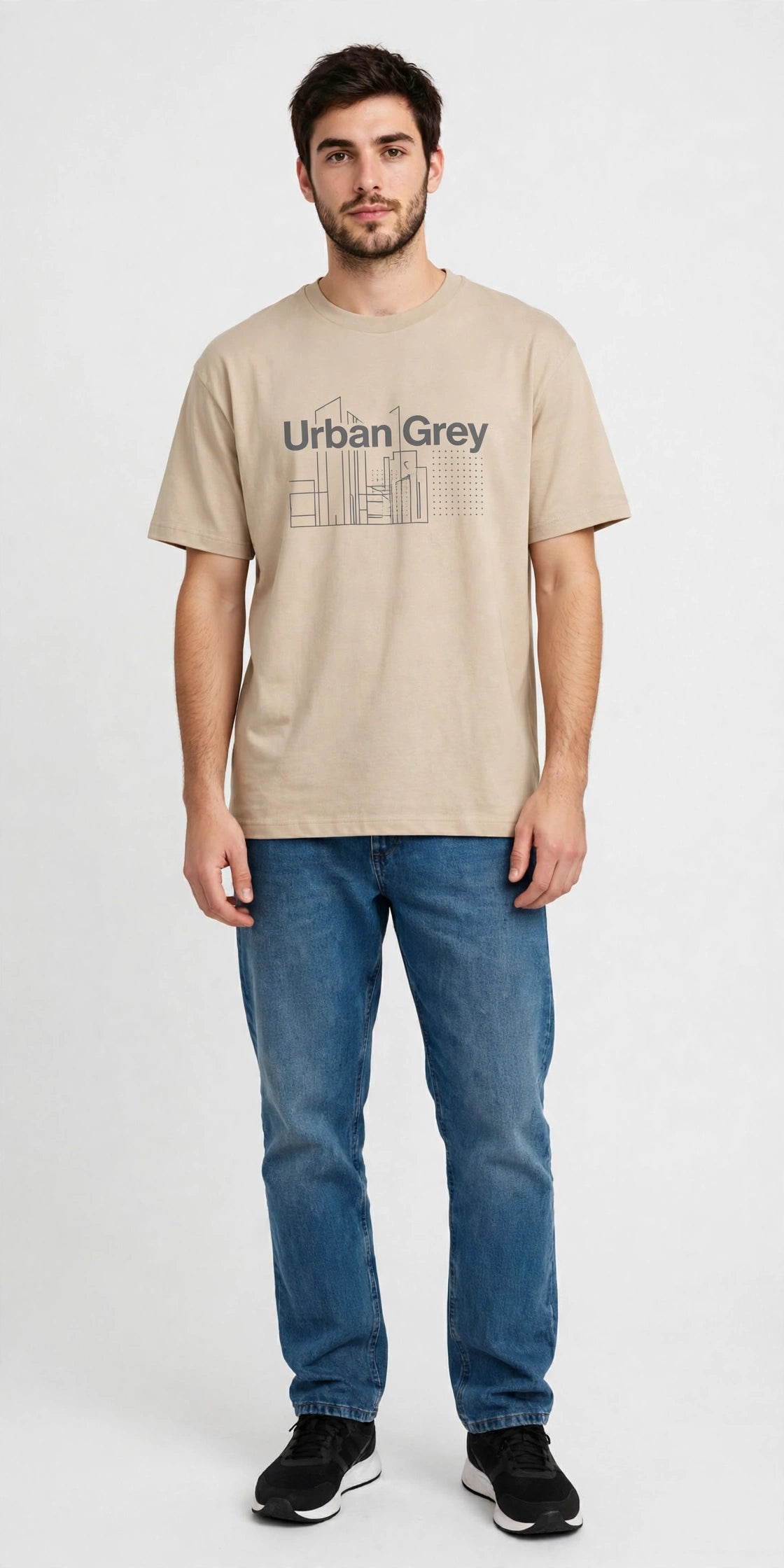 Man wearing Beige Paper White relaxed-fit t-shirt with Urban Grey print