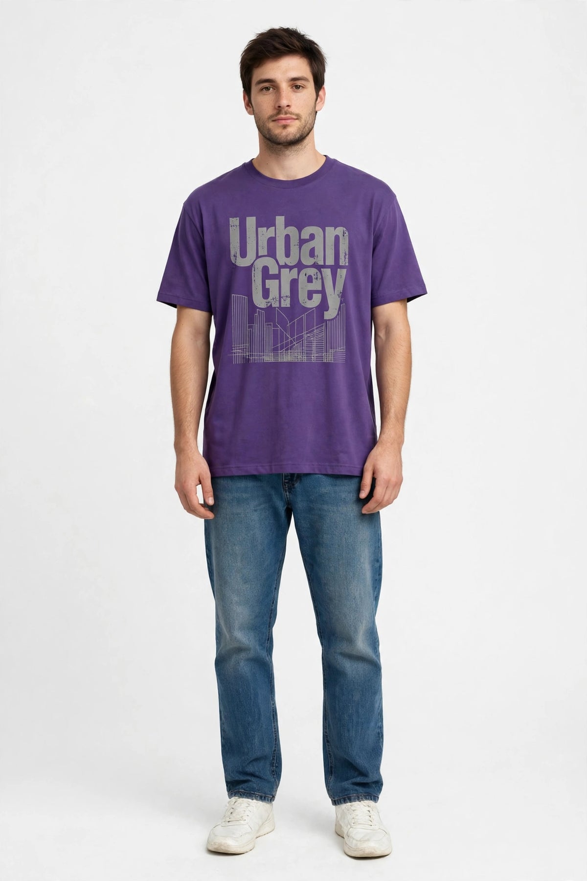 Man wearing Purple Paper White relaxed-fit t-shirt with Urban Grey print